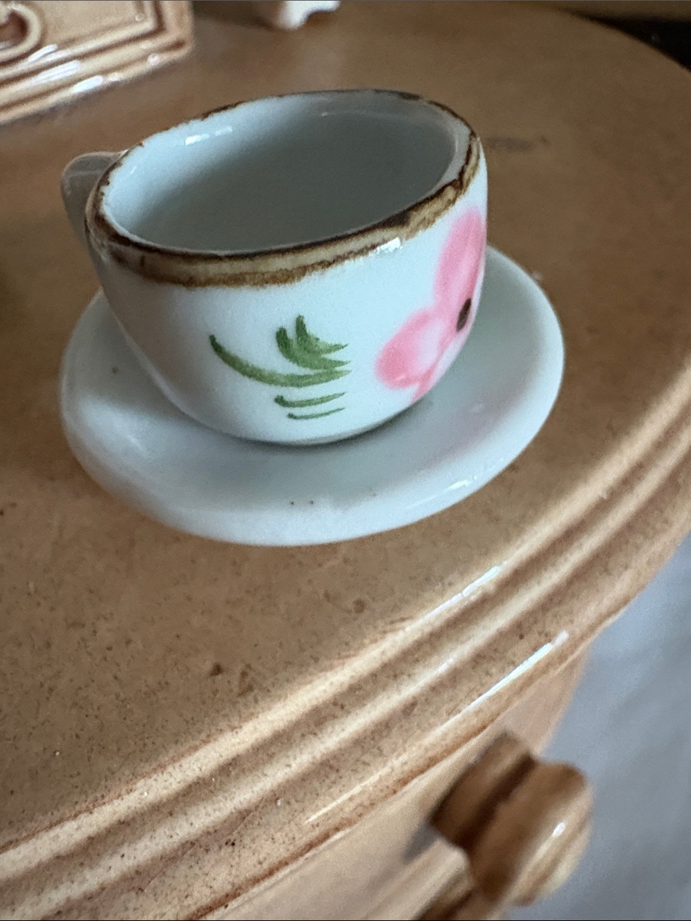Vintage Hand-Painted White Porcelain Mini Cup & Saucer with Pink Floral Motif